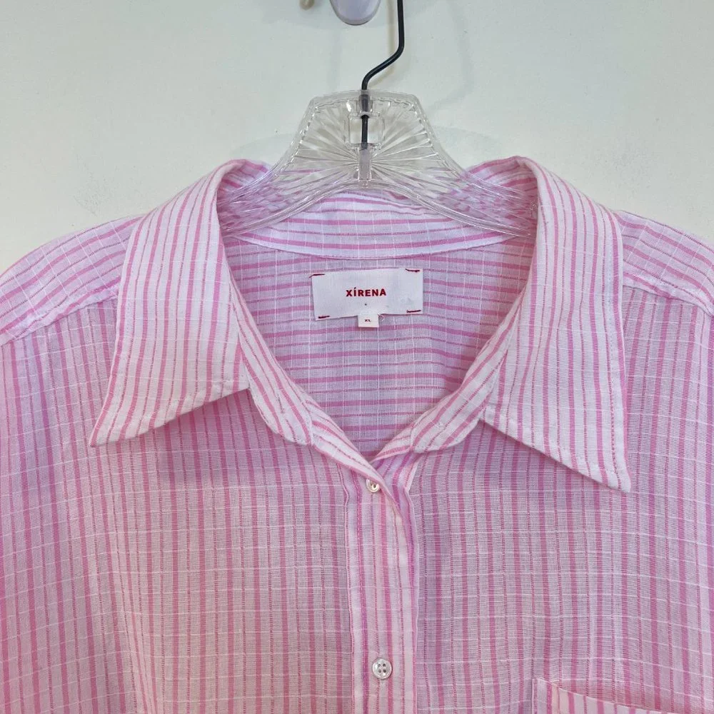 XiRENA Pink Striped Tie Front Button Down Lightweight Classic Designer Blouse XL - Picture 6 of 10